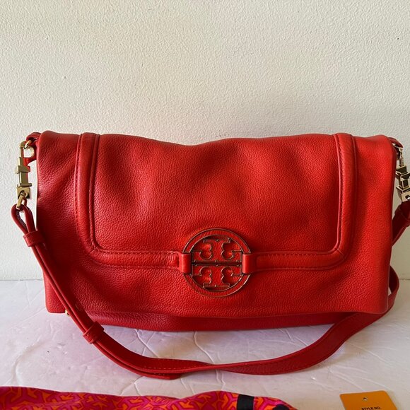 $495 TORY BURCH AMANDA FOLDOVER LEATHER CROSSBODY BAG FLAME RED - Picture 2 of 10